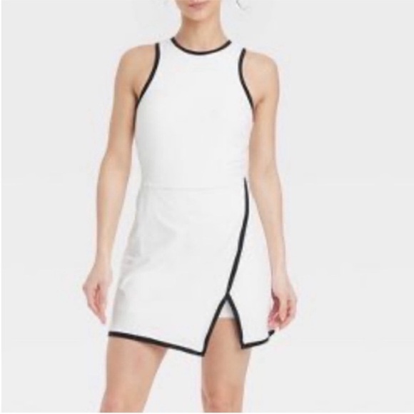 all in motion Tops - White Sleeveless Bodysuit Dress / Shorts with Black Trim & Pockets